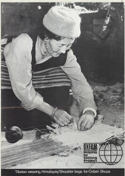 Digital surrogate of poster: 'Tibetan weaving, Himalayas / Shoulder bags for Oxfam Shops', with a black and white photograph of a woman weaving. Part of the 'Oxfam Helping by Selling Project' series. Image as background, white text.