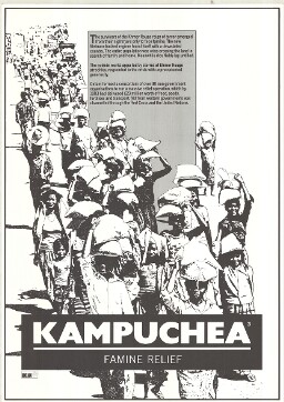 Digital surrogate of poster: 'KAMPUCHEA, FAMINE RELIEF', with image of people carrying sacks of grain on their heads. White background, black text. Part of Kampuchea information series.
